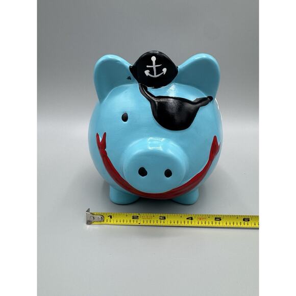 Pirate Pig Skull and Crossbones Piggy Bank Blue Black White Red 6” - Picture 8 of 11